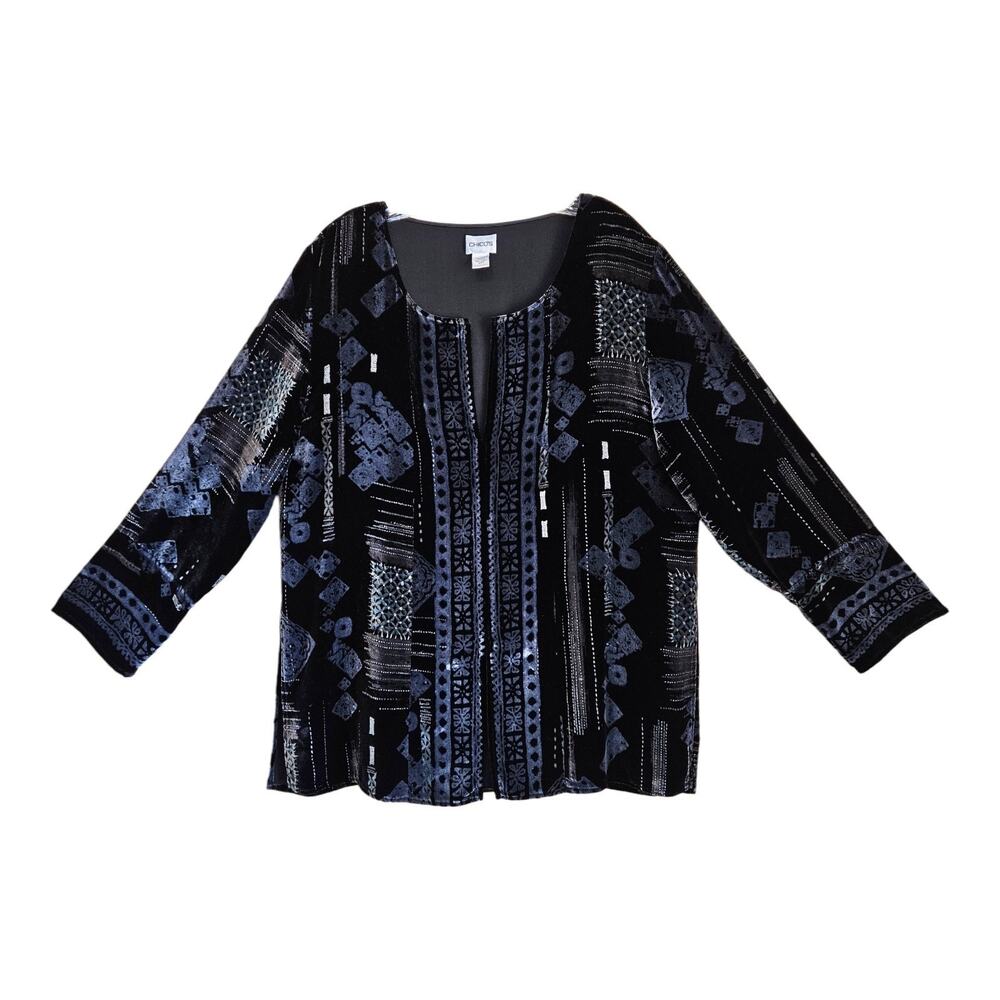 CHICO'S 2 Women's L Velvet Tunic Top Embroidered Black Silver Whimsigoth 44"